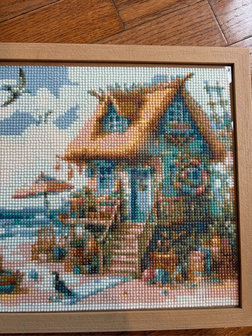 Framed Beaded Cottage Art Panel in Teal & Mustard